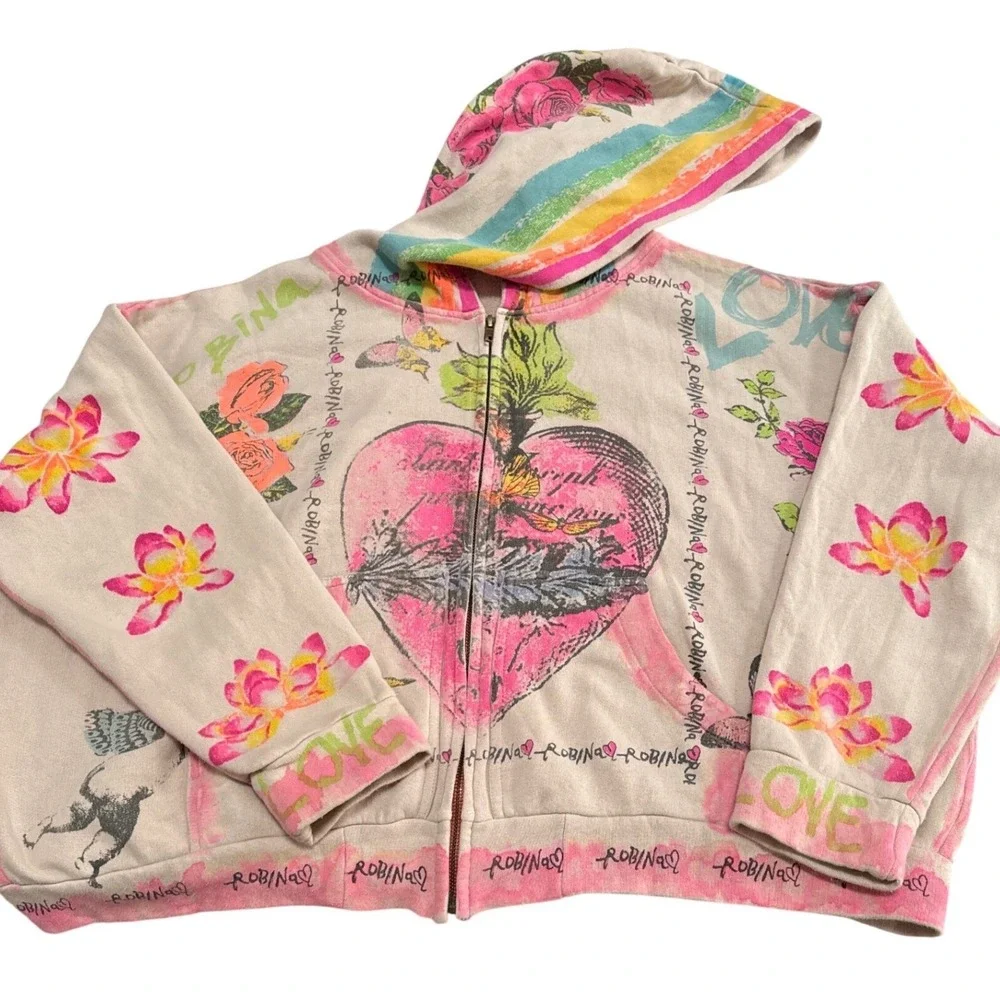 Magnolia Pearl Awaken Sleeping Heart Zip Up Hoodie Sweatshirt Front Pockets NWT